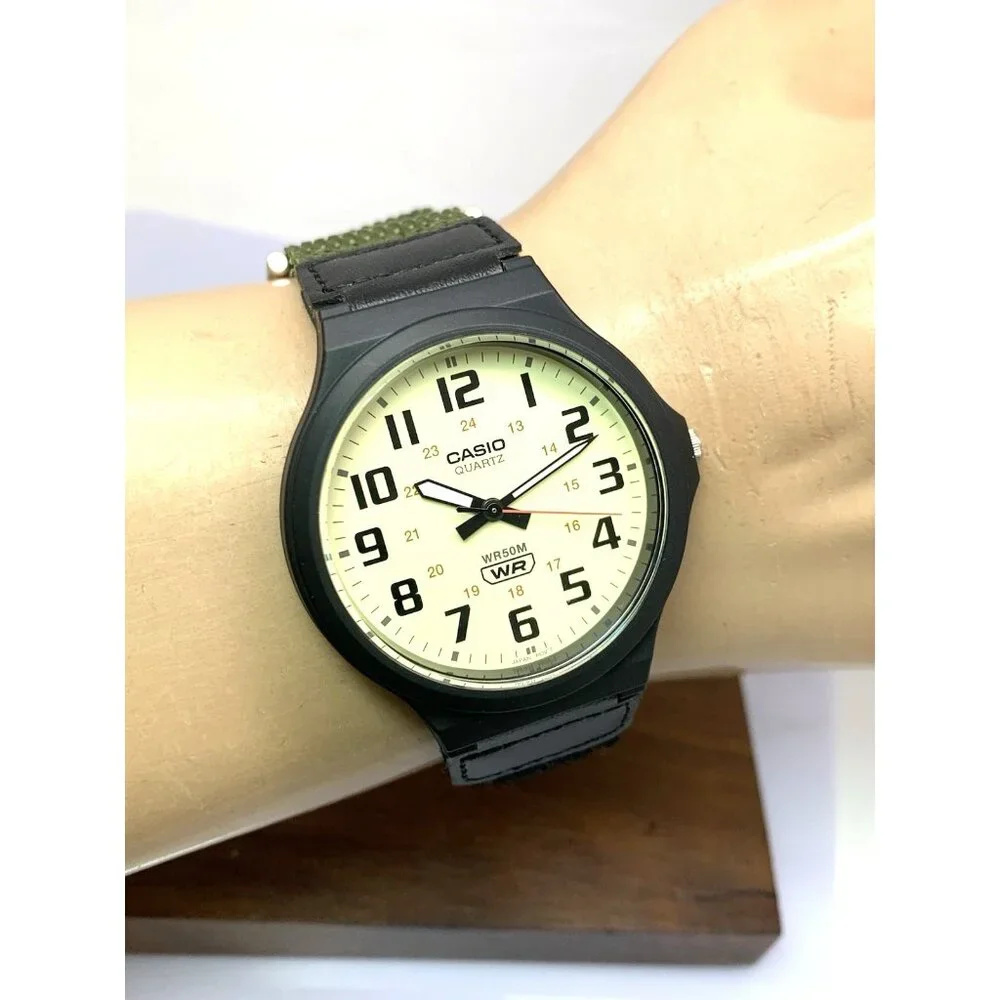 Casio Men's Watch MW240B Analog Quartz Beige Dial 42mm Black Green Nylon Band